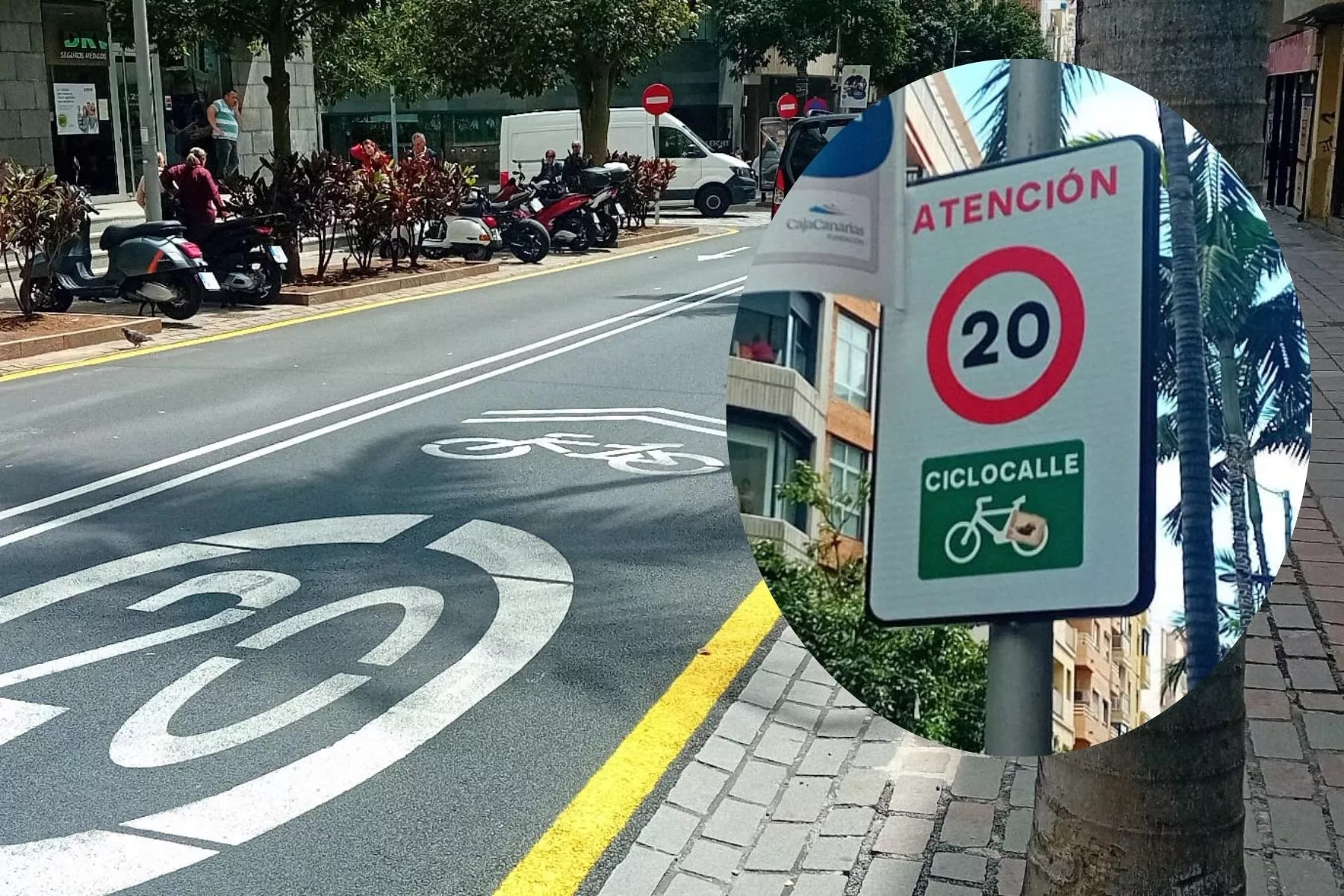 Señales de tráfico advirtiendo de una ciclocalle en la calle El Pilar|AH