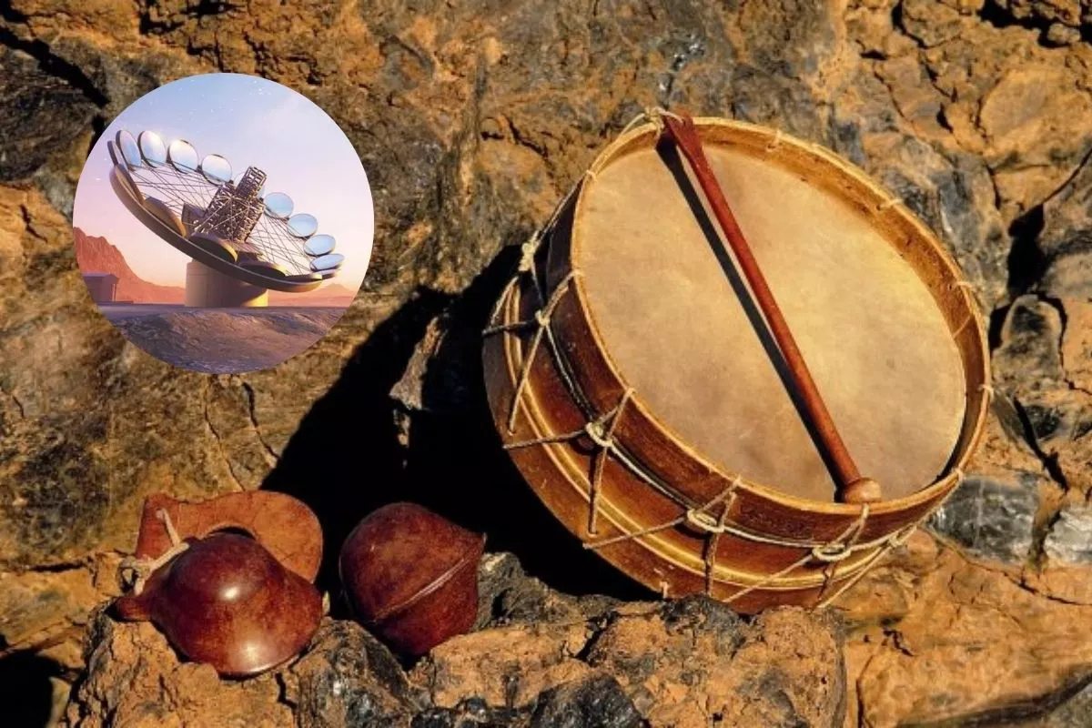 Chácaras y tambores gomeros, con miniatura del telescopio ELF. Archivo