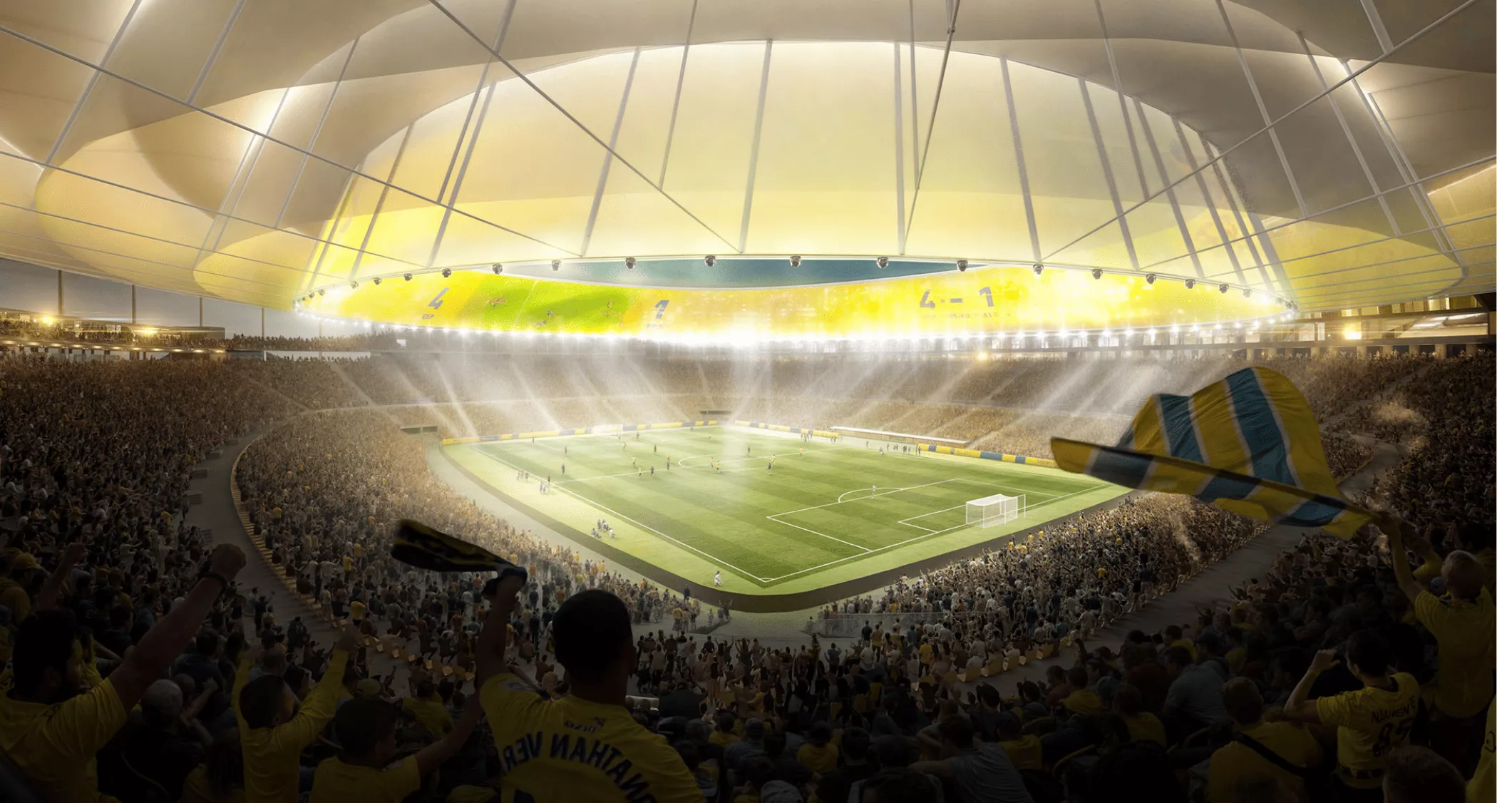Representación gráfica que simula el interior del Estadio de Gran Canaria tras la reforma. / AH