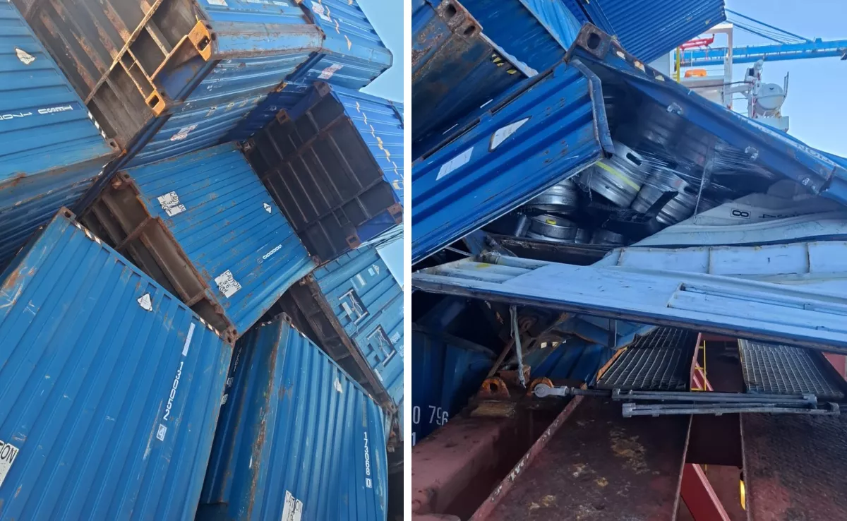 Detalle de los contenedores dañados en el buque 'Aguarius' por la borrasca Therese. El barco está atracado en el Puerto de Las Palmas. / AH