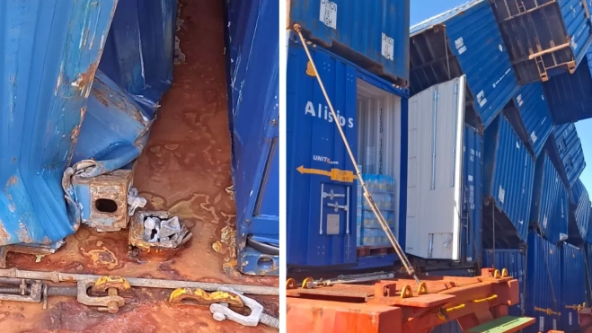 Los enganches rotos del buque y el agua almacenada en uno de los contenedores que no acabó en el mar. / AH