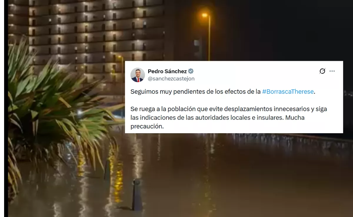 Zona inundada en La Laguna junto a la publicación de Pedro Sánchez. / MONTAJE AH