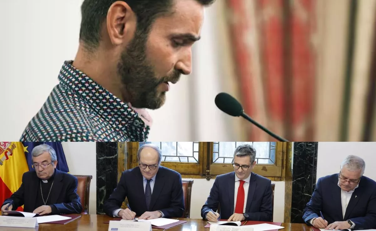 Ciro Molina, víctima de abusos sexuales en la Iglesia (arriba) y firma del protocolo de reparación (abajo)|MONTAJEAH