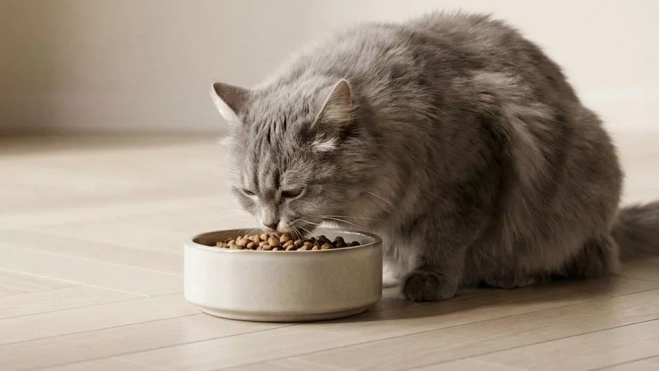 Gato comiendo pienso