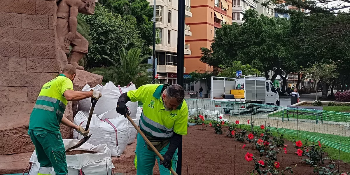 Imagen de operarios de Ayuntamiento de Las Palmas haciendo una barrera vegetal para proteger un monumento de Montull / AYUNTAMIENTO DE LAS PALMAS DE GRAN CANARIA