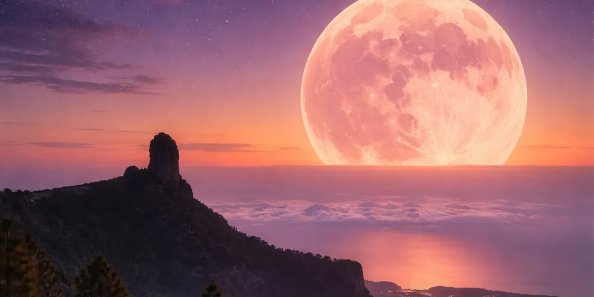 Imagen generada por IA de la luna rosa de abril con el Roque Nublo / DALLE - AH