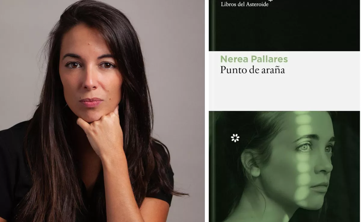 Nerea Pallares, junto a la portada de su libro, 'Punto de araña'. / AH