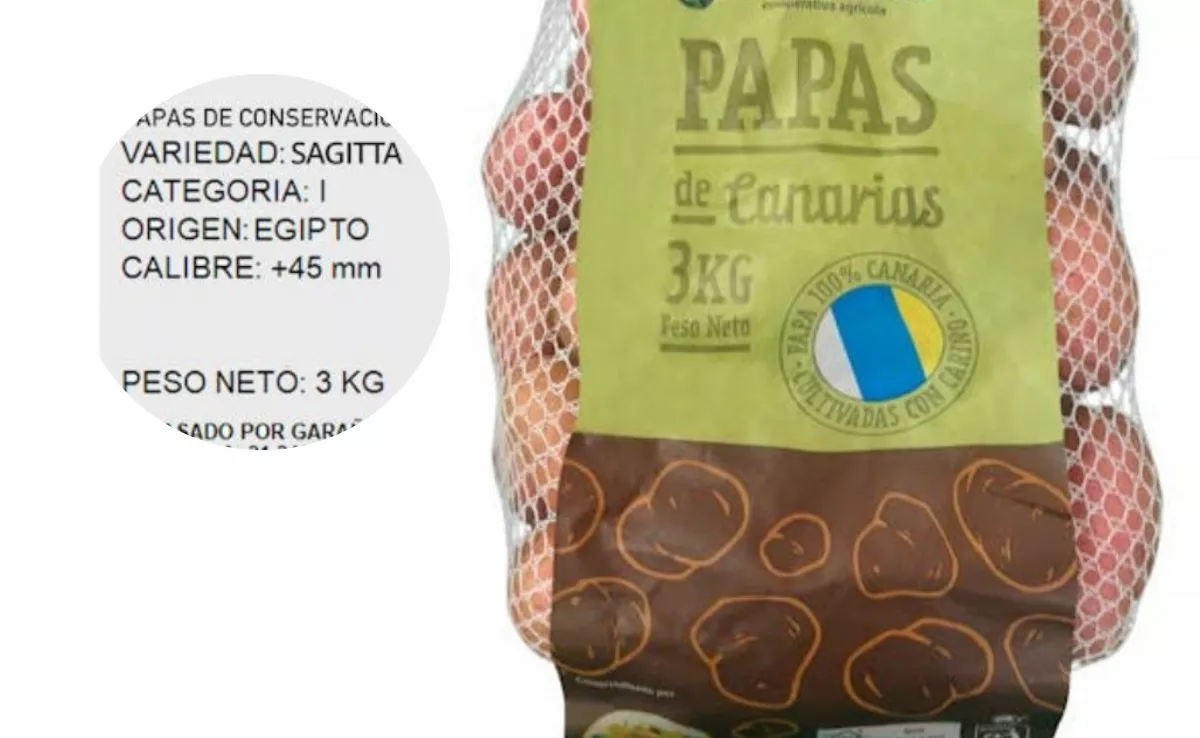 Imagen del fallo en la web de Mercadona donde papa de origen egipcio aparecía con el sello de papa de Canarias. / AH