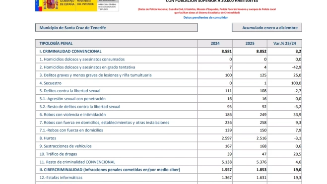 Datos criminalidad en Santa Cruz de Tenerife año 2025