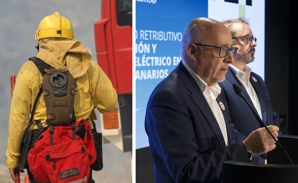 A la izquierda, un bombero forestal; a la derecha, Antonio Morales y Raúl García Brink / AH
