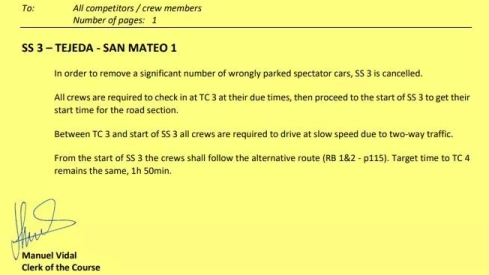 Boletín oficial de la organización del WRC Rally Islas Canarias por el que se cancela la SS3 Tejeda San Mateo 1.