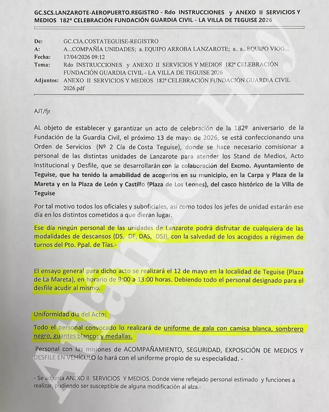 Orden de la Guardia Civil que deja sin descanso a los agentes el 13 de mayo./ AH Orden de la Guardia Civil que deja sin descanso a los agentes el 13 de mayo./ AH