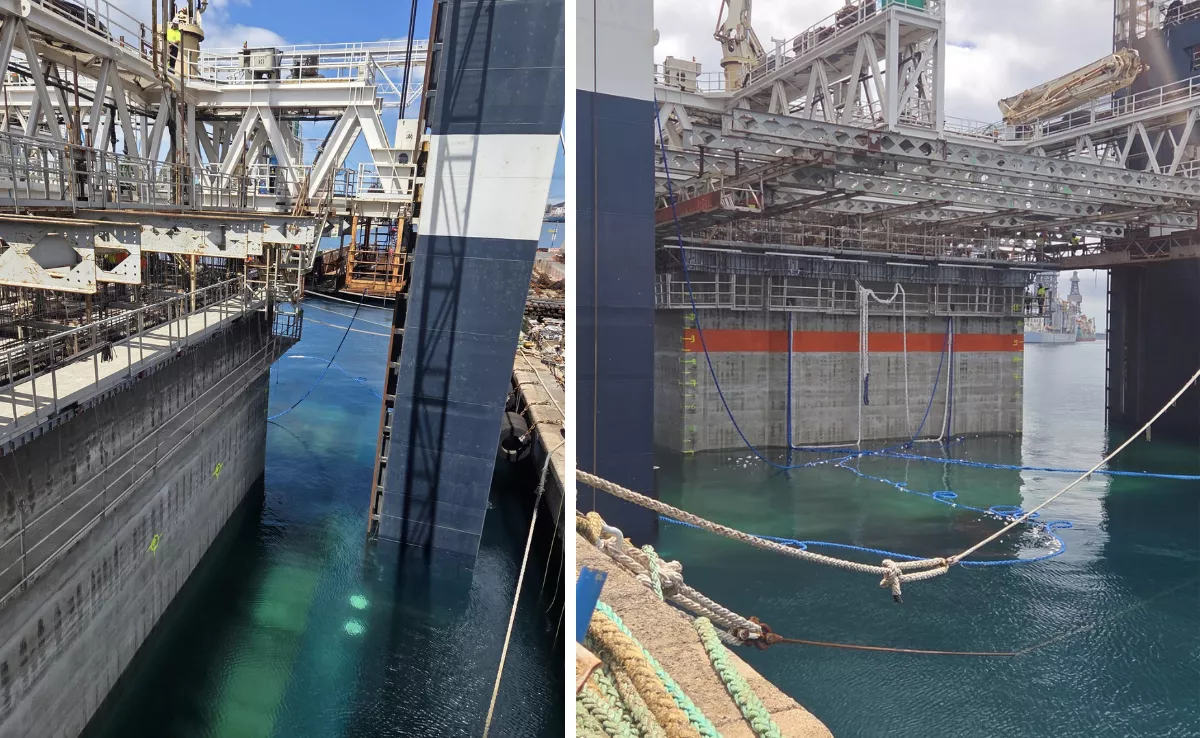 Dos momentos de la fabricación del primer cajón para ampliar el puerto de la capital de Fuerteventura. / MONTAJE  AH