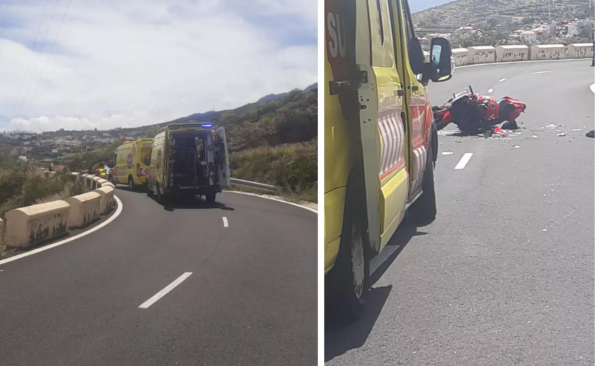 Dos ambulancias del SUC y el estado en el que quedó una de las motos tras chocar en El Rosario, Tenerife. / MONTAJE ATLÁNTICO HOY