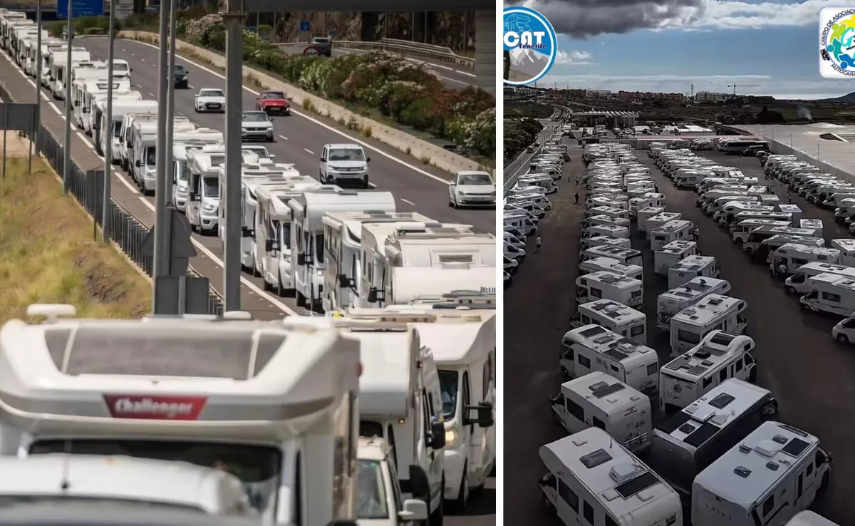 Dos momentos de la movilización de autocaravanas que recorrió Tenerife. / MONTAJE ATLÁNTICO HOY