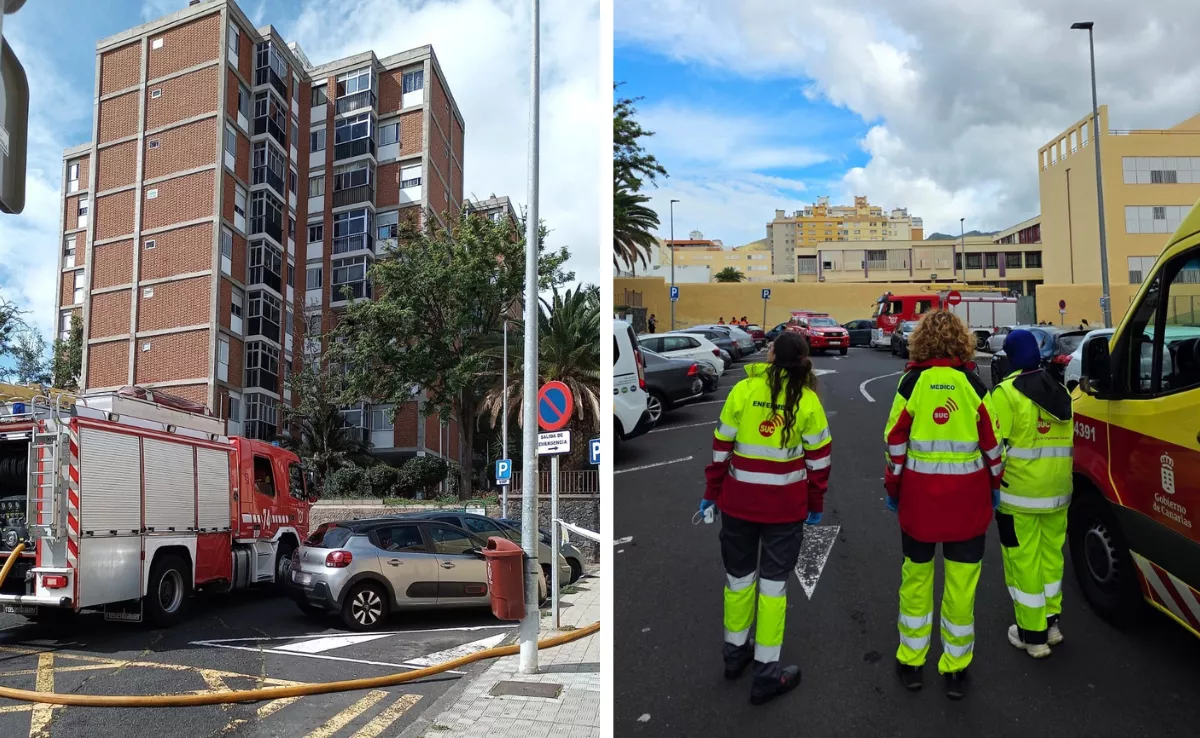 El edificio de Santa Cruz en el que se originó el fuego. Al lado, personal del SUC. / 112