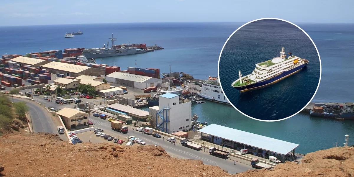 Imagen del puerto de Praia, en Cabo Verde y el crucero MV Hondius / MONTAJE AH