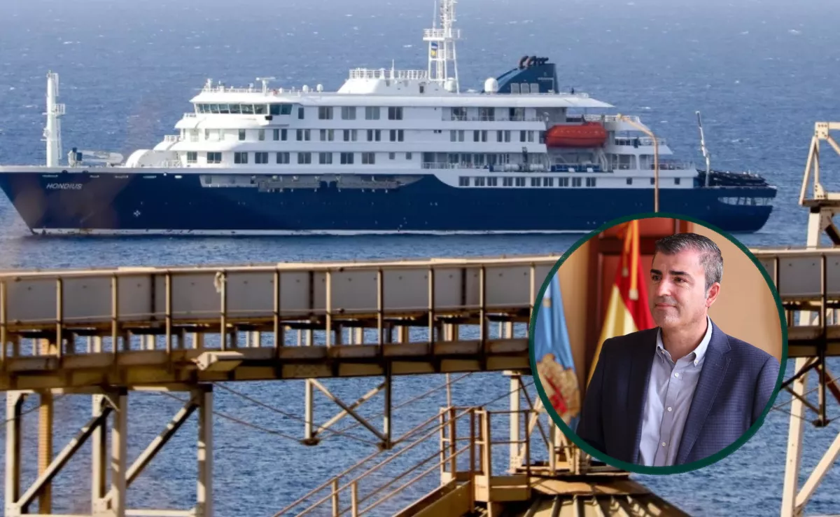 Manuel Domínguez, vicepresidente y consejero de Economía del Gobierno de Canarias, junto al MV Hondius. / AH 