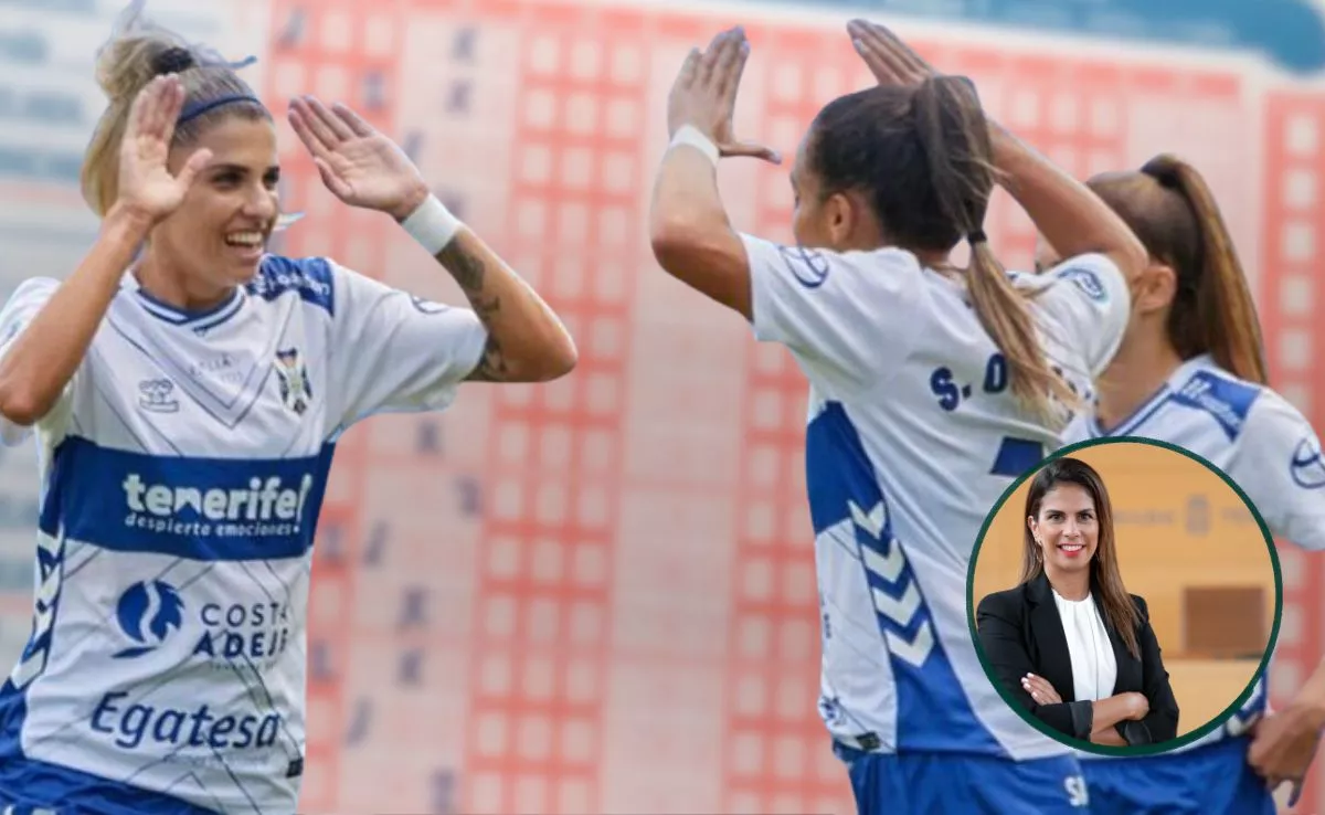 Jugadoras del Tenerife Egatesa y Laura Castro (exjugadora de fútbol y exdirectora insular de Deportes) sobre fondo de una quiniela|MONTAJEAH