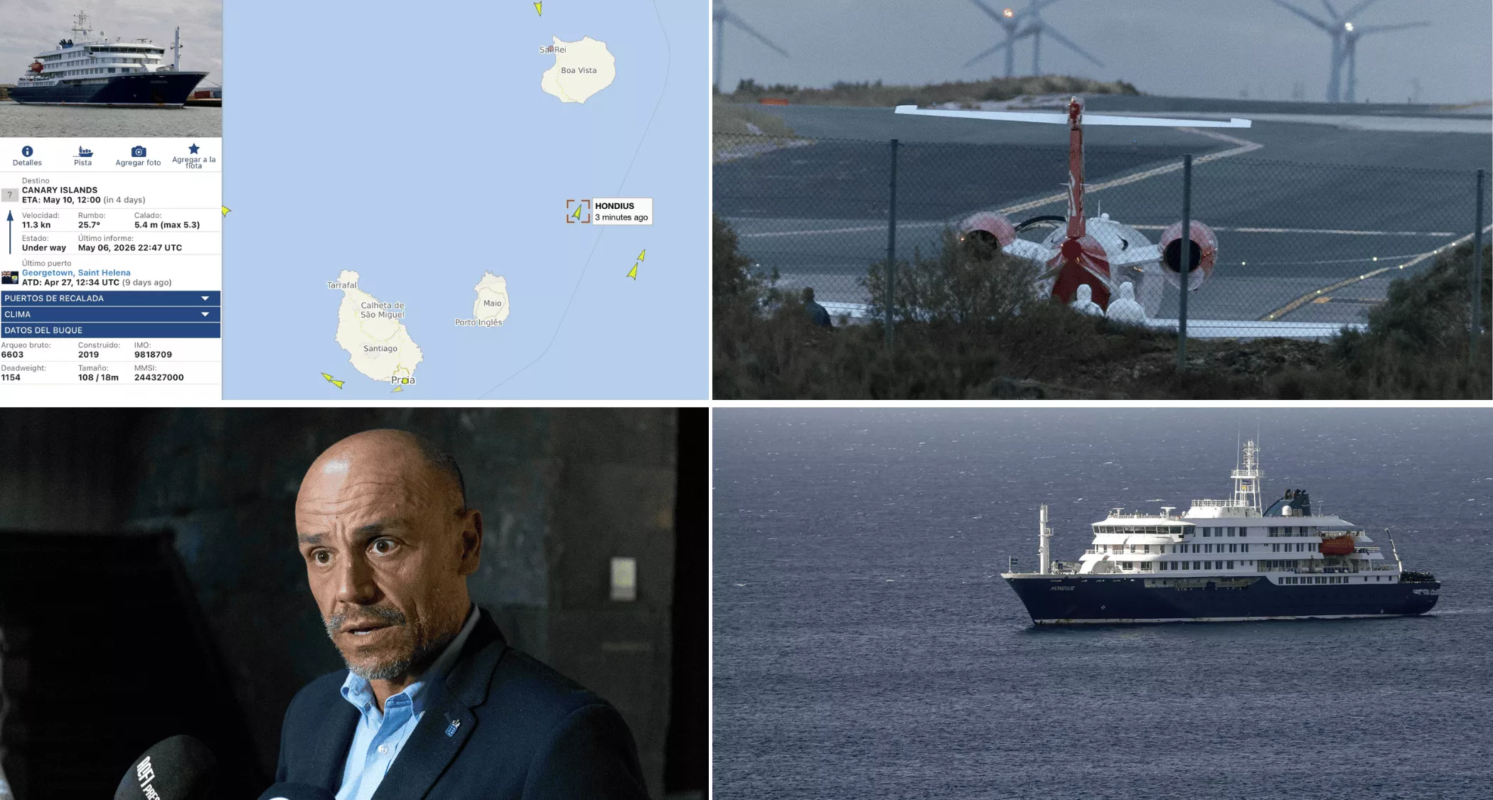 El 'MV Hondius' ya navega hacia Tenerife mientras dos contagiados siguen aislados en Gran Canaria. / AH-VESSELFINDER-EFE