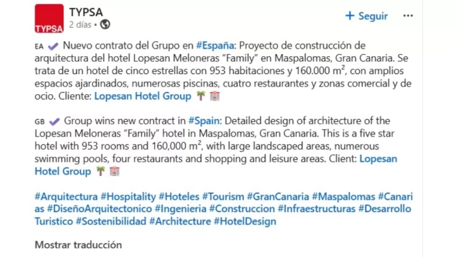 Comunicado de Typsa sobre el nuevo hotel de Lopesan / LINKEDIN