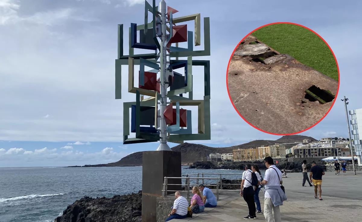 El 'Juguete del viento' ha vuelto tras nueve años, pero los vecinos llevan una década quejándose por el estado de la plaza / MONTAJE AH