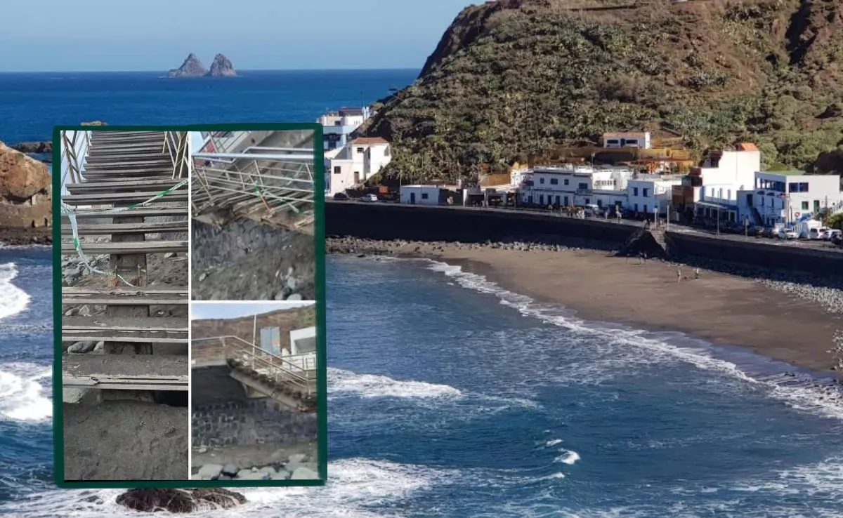 Estado de la escalera de acceso a la playa del Roque de las Bodegas|MONTAJEAH