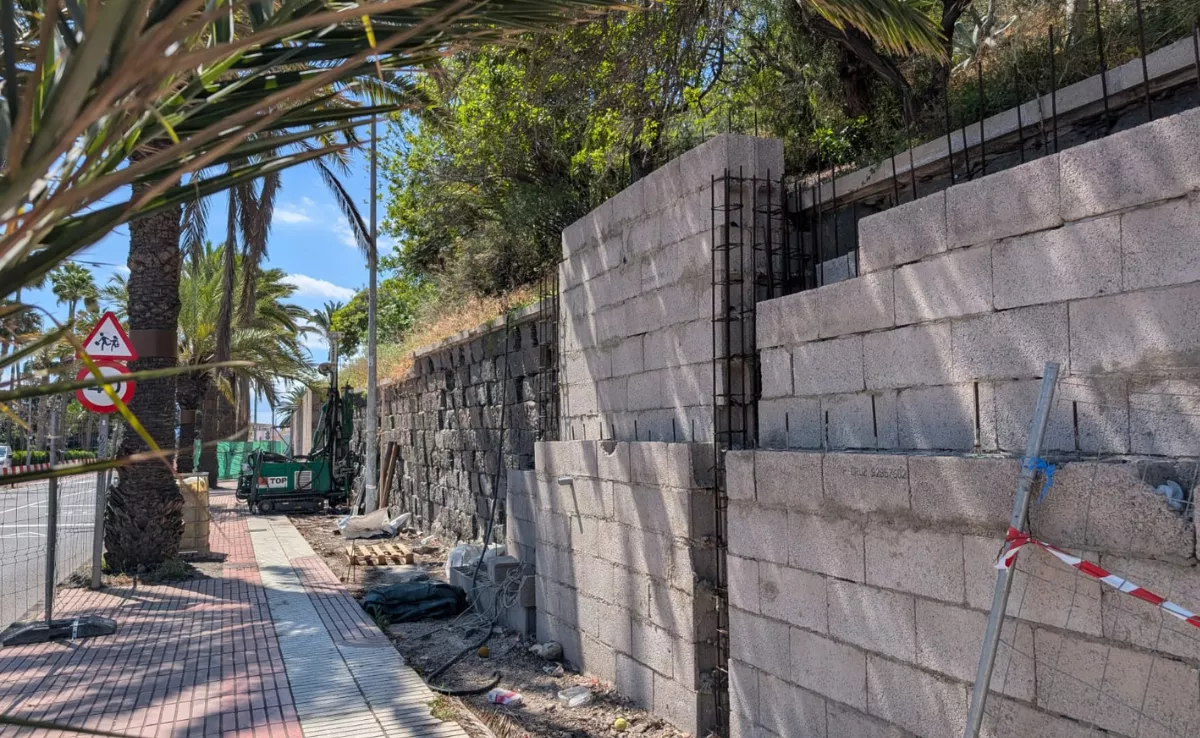 Estado actual del muro de los jardines de Paseo de Chil, en la parte alta del parque Doramas, con los bloques colocados por Vías y Obras, que serán retirados. / AH