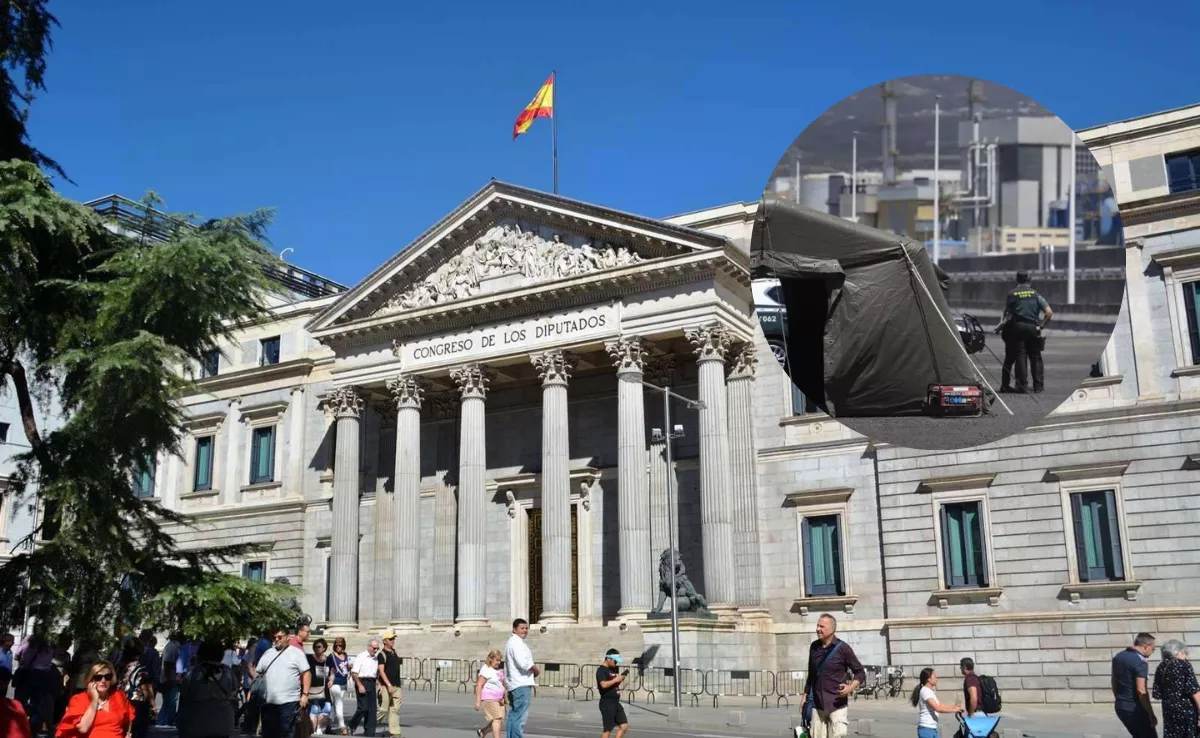 Imagen del Congreso junto al puesto de mando de la Guardia Civil desplegado en el puerto de Granadilla, en Tenerife, durante la llegada del 'MV Hondius'. / AH