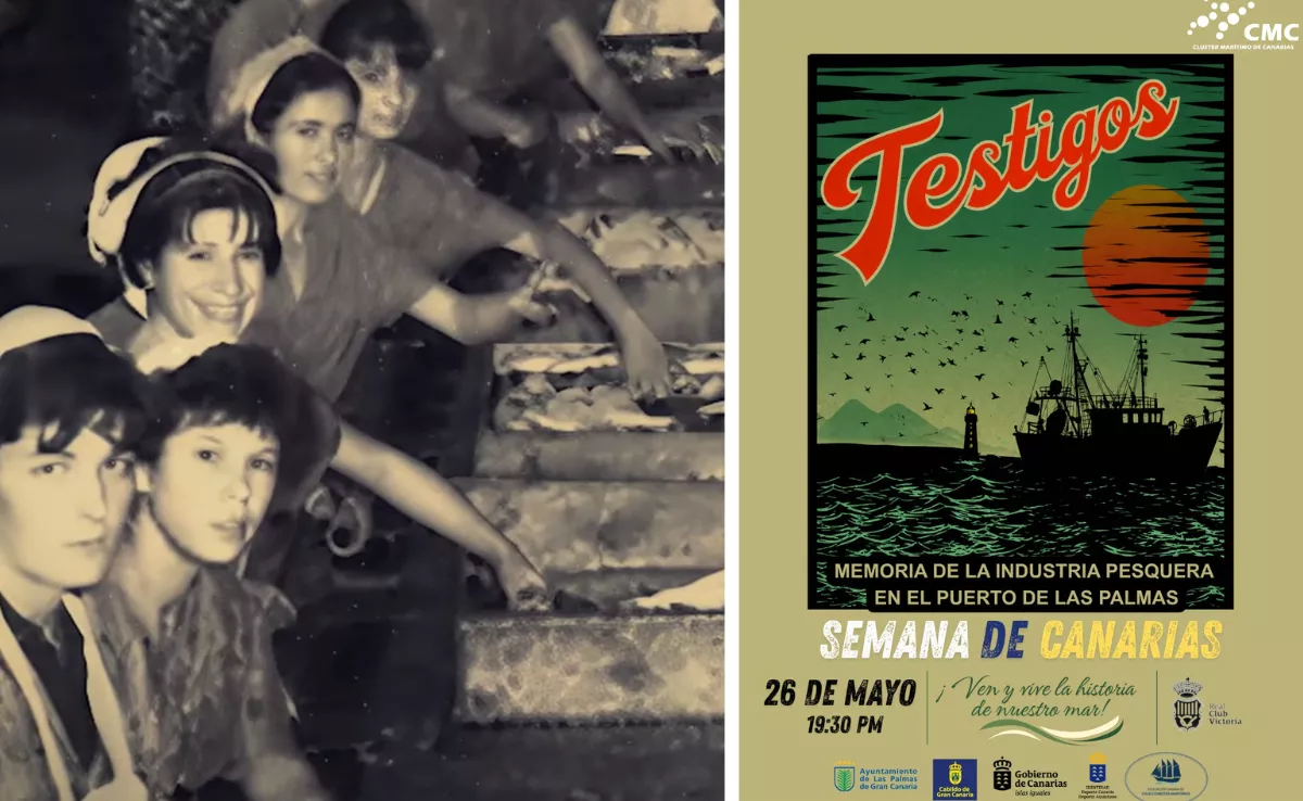 Varias mujeres trabajan en una fábrica de conservas. Imagen extraída del documental 'Testigos', realizado por el Cluster Marítimo de Canarias, sobre la importancia de la pesca en el Puerto de Las Palmas. / MONTAJE AH