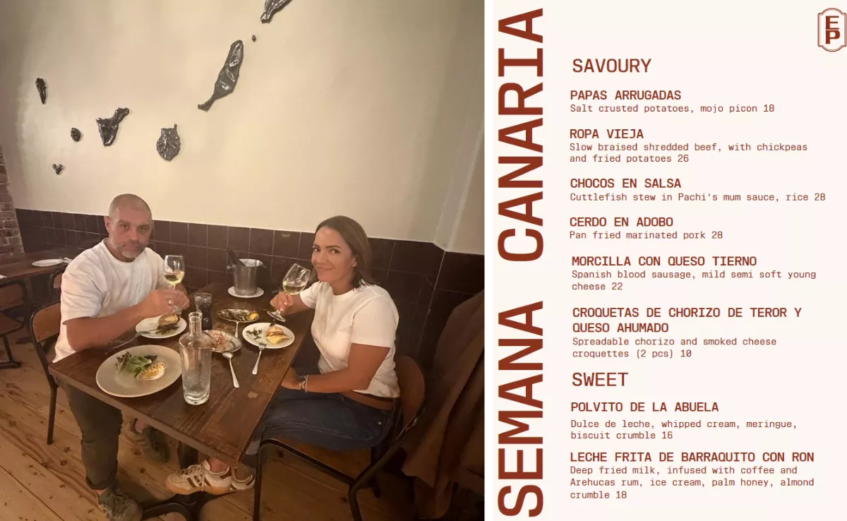 Pachi Rodríguez y María Barona, en uno de sus restaurantes en Australia. A la derecha, el menú de la Semana de Canarias. / AH