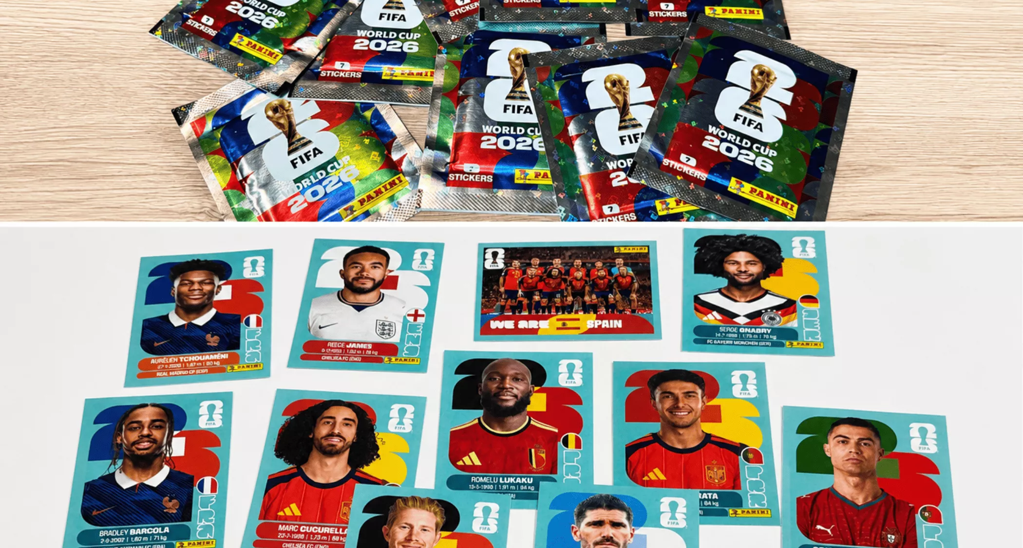 Sobres y estampas de Panini para el álbum del Mundial 2026. / AH
