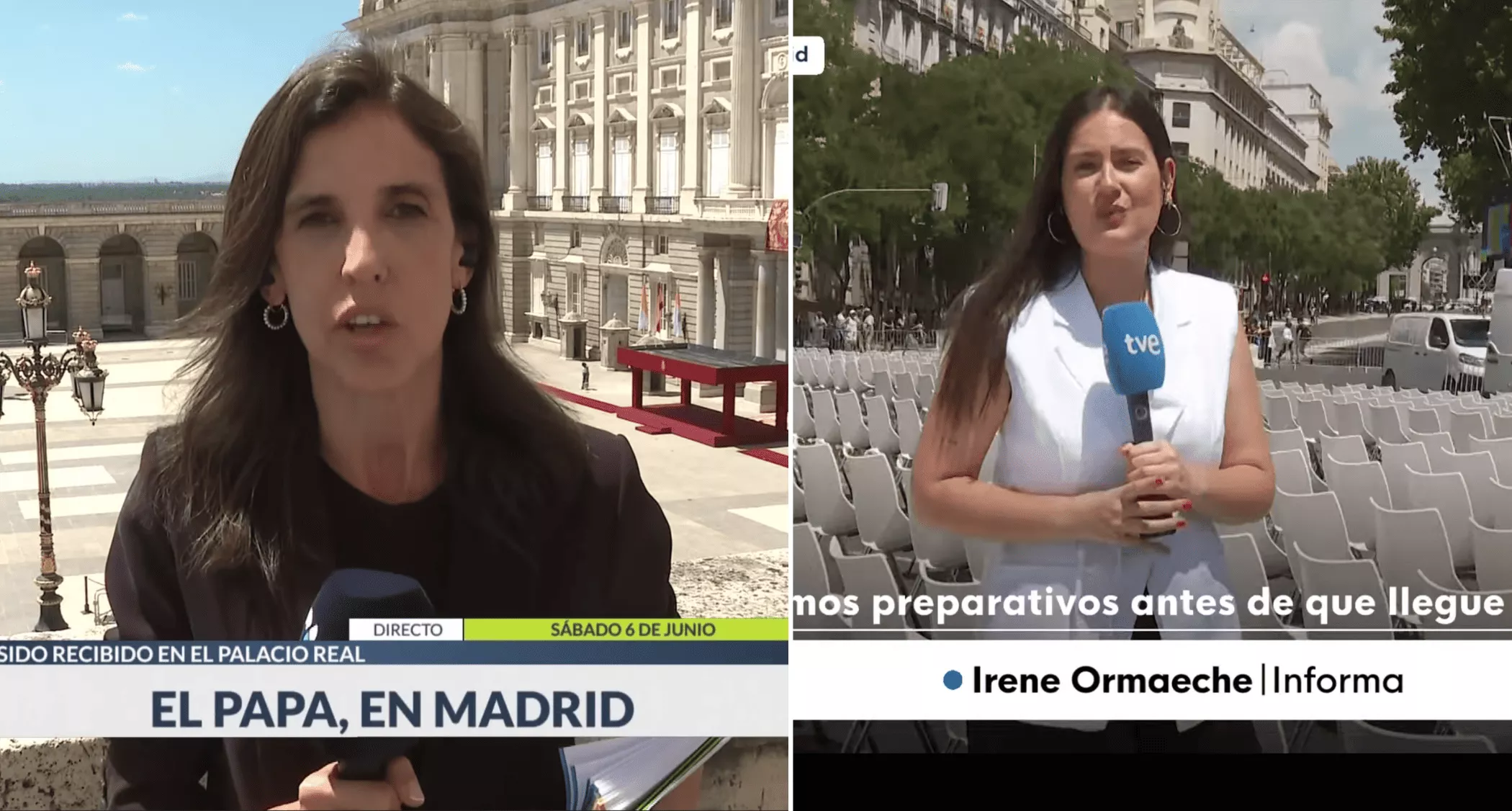 Silvia Mascareño, de Televisión Canaria, este sábado en el Palacio Real, con chaqueta oscura; a la derecha, una redactora de TVE en Madrid, con un chaleco blanco. / AH