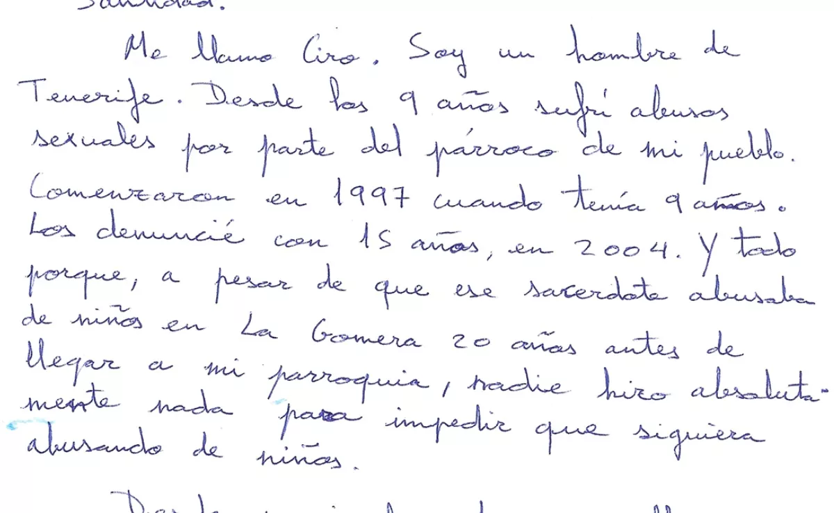 Fragmento de la carta de Ciro Molina, víctima de abusos sexuales en la Iglesia, que hizo llegar al Papa|CEDIDA