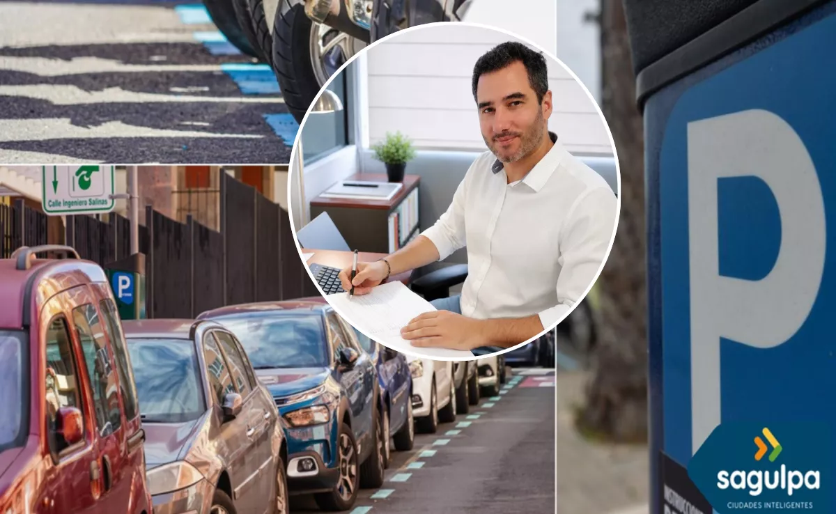 Rafael Inglott, del despacho Zentia Abogados, sobre varias fotos de la zona azul en Las Palmas de Gran Canaria. / MONTAJE ATLÁNTICO HOY 