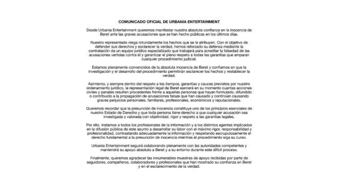 Comunicado de Urbania Entertainment sobre la situación actual de Beret / Urbania Entertainment Comunicado de Urbania Entertainment sobre la situación actual de Beret / Urbania Entertainment