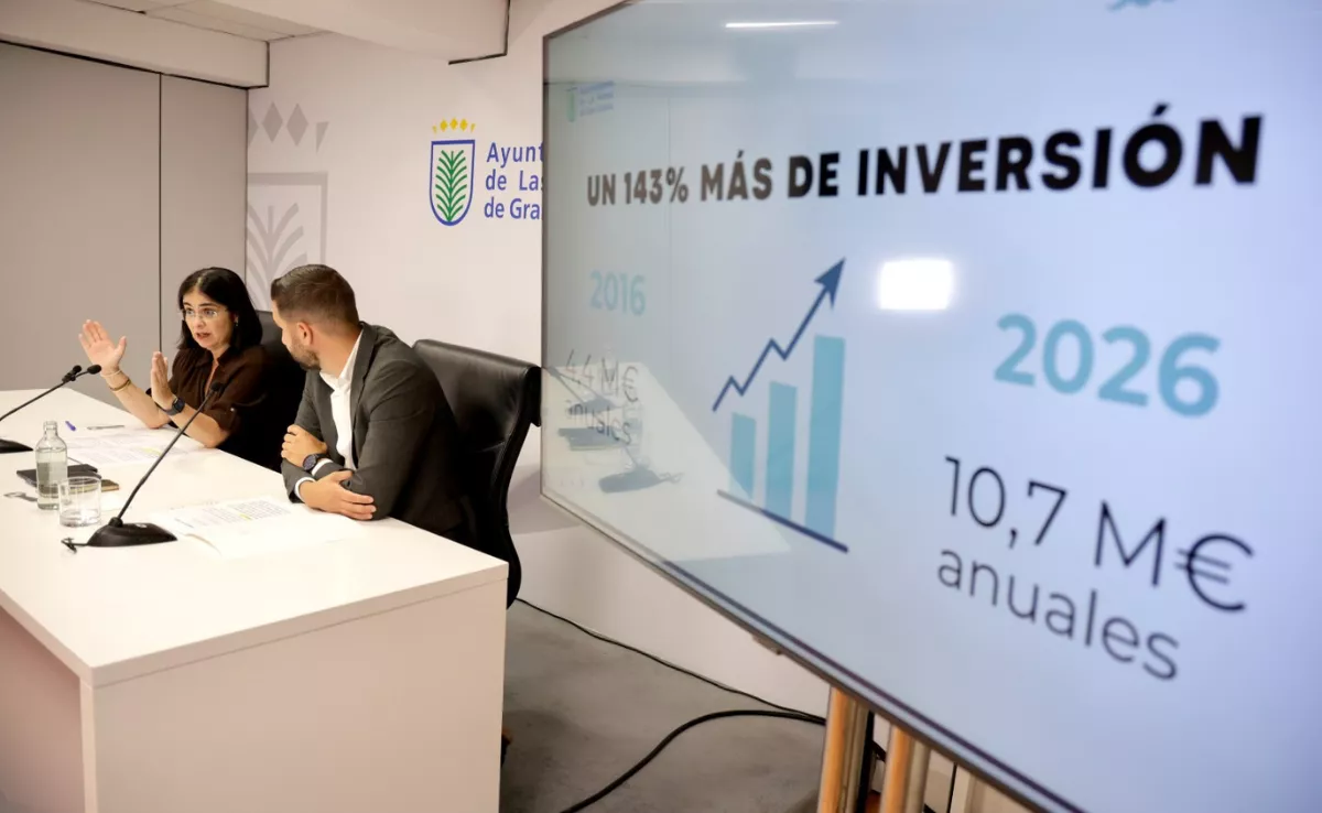 La alcaldesa, Carolina Darias, junto al concejal de Vías y Obras y Alumbrado, Carlos Díaz, durante la presentación del nuevo contrato / AYUNTAMIENTO DE LAS PALMAS DE GRAN CANARIA