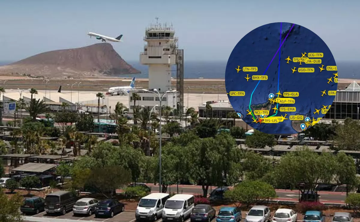 Imagen del aeropuerto de Tenerife Sur junto a la trayectoria del vuelo que regresó a la isla por una pelea a bordo. / AH