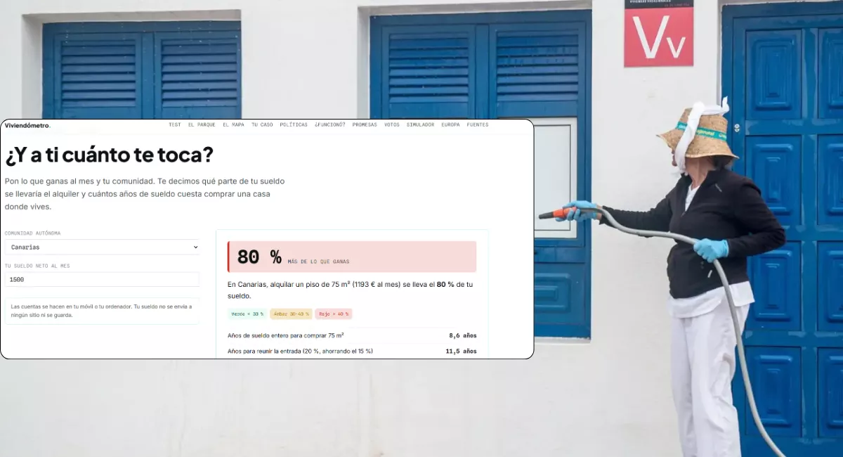 Imagen de una vivienda vacacional y la web con datos sobre el problema de la vivienda en España / MONTAJE AH 