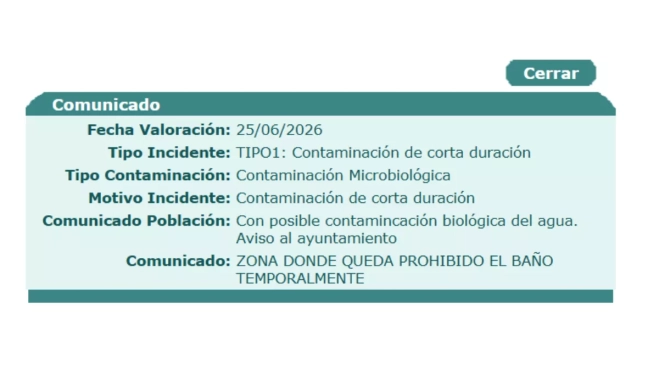 Aviso en el portal Náyada del incidente en el punto de muestro 5 de Playa de jardín.AH Aviso en el portal Náyada del incidente en el punto de muestro 5 de Playa de jardín.AH