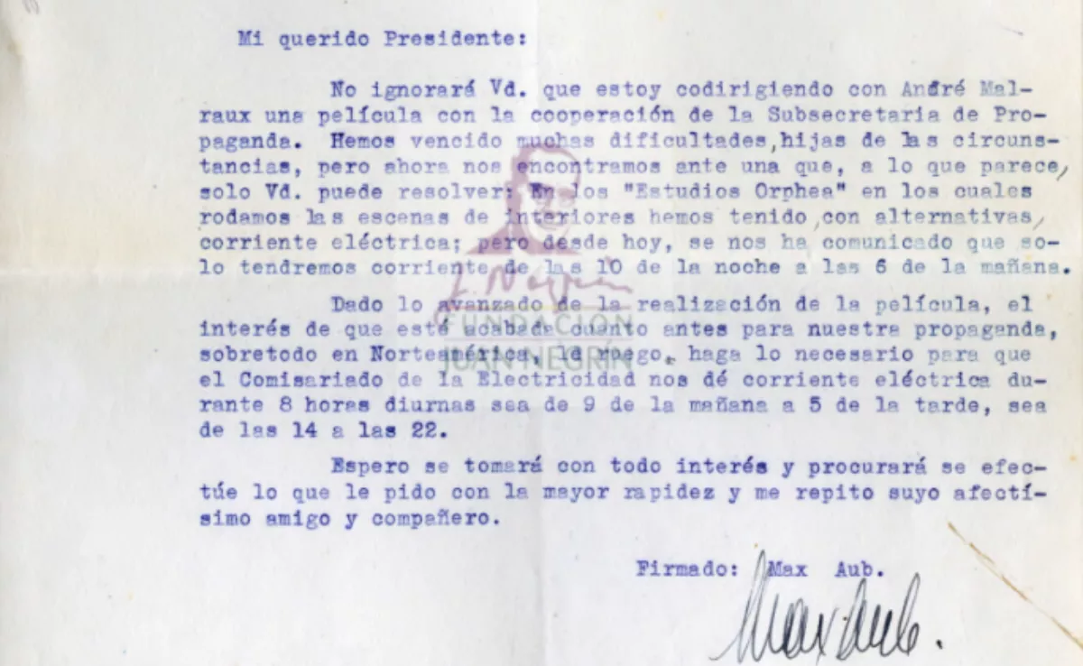 Max Aub recurrió a Negrín para terminar “Sierra de Teruel” de André Malraux. / FUNDACIÓN JUAN NEGRÍN