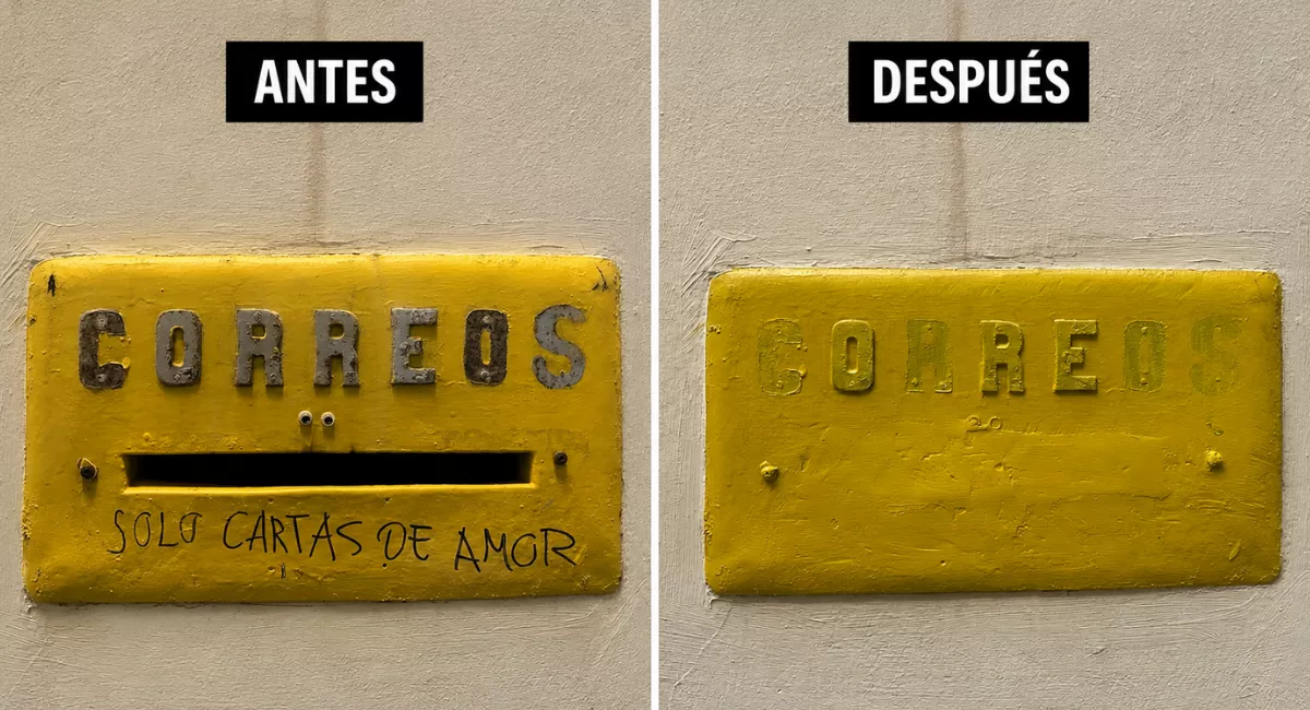 Imagen del antes y el después del buzón de correos de Las Palmas de Gran Canaria / LUNA MOYA - AH