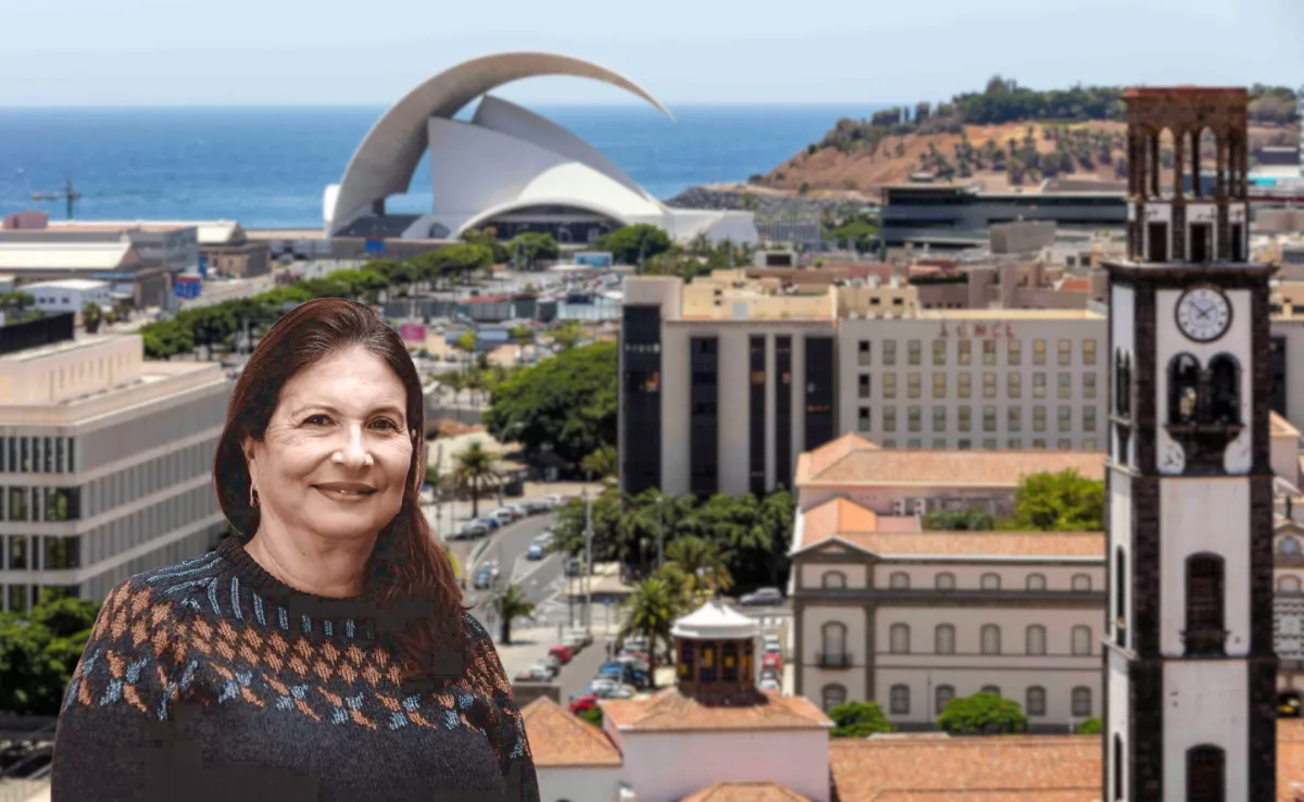Imagen editada de la decana María Nieves Febles y el litoral de Santa Cruz de Tenerife./ CANVA