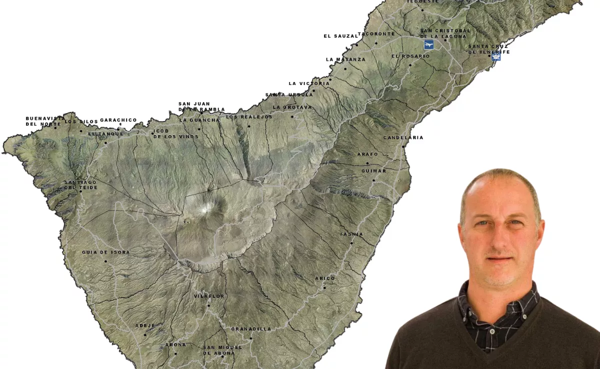 Imagen editada con el geógrafo Jaime Salvador Díaz Pacheco y una cartografía de Tenerife./ CANVA 