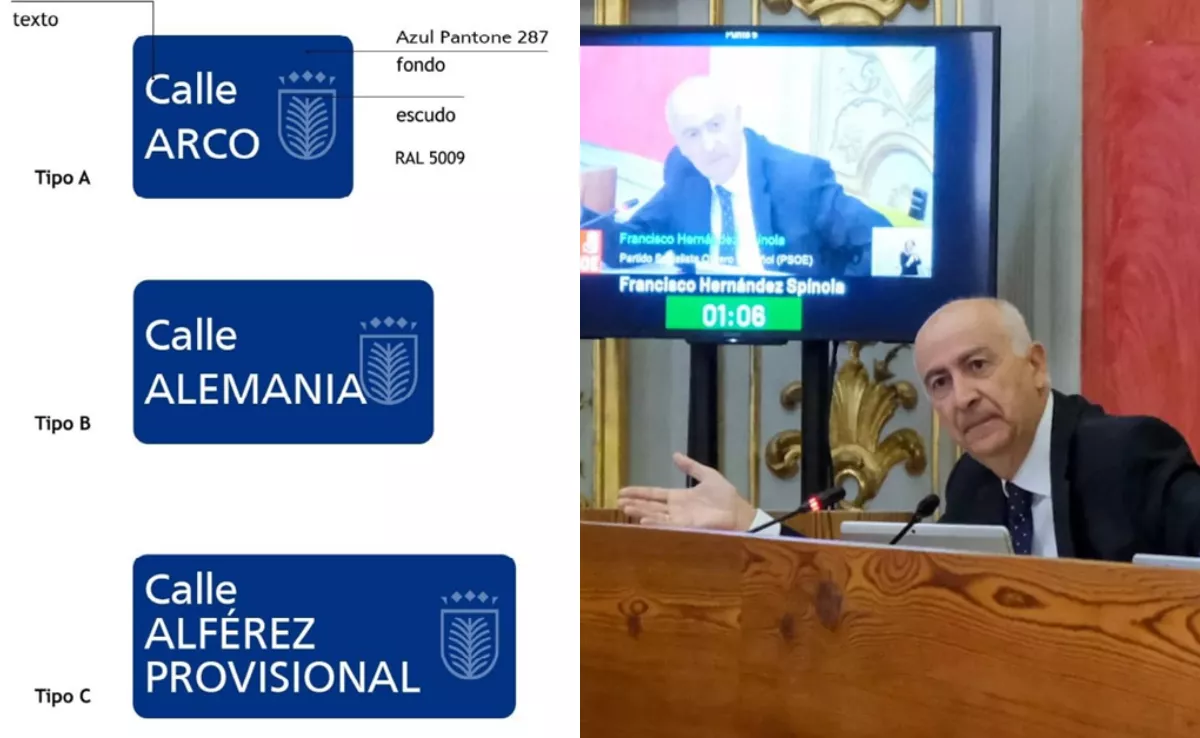 Modelo de los nuevos rótulos de las calles y el concejal Hernández Spínola / AH