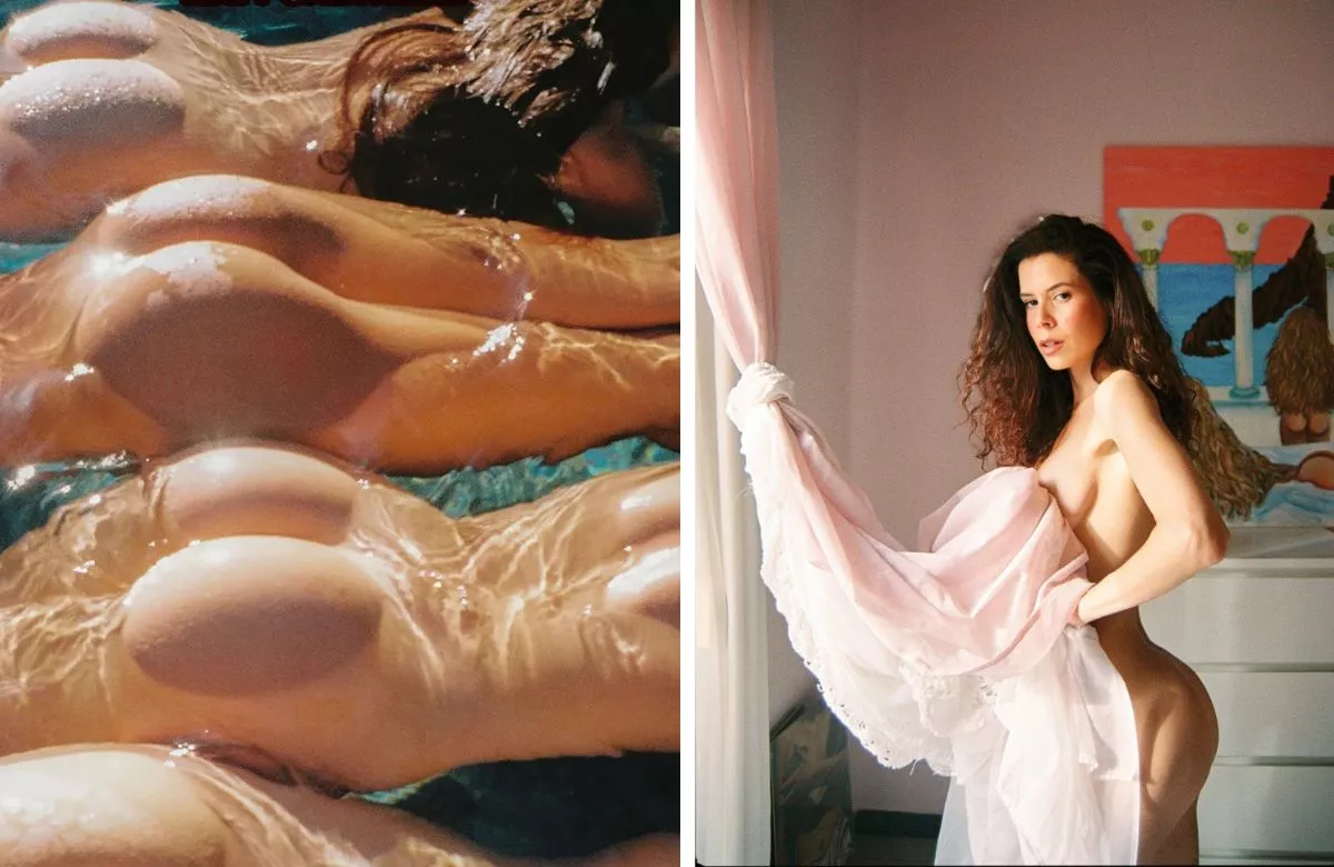 Maty Chevrière, junto a un detalle del cartel de 'Nudetopia', su exposición en espacio Escarlata, en Las Palmas de Gran Canaria. / CAMILA COURREGES