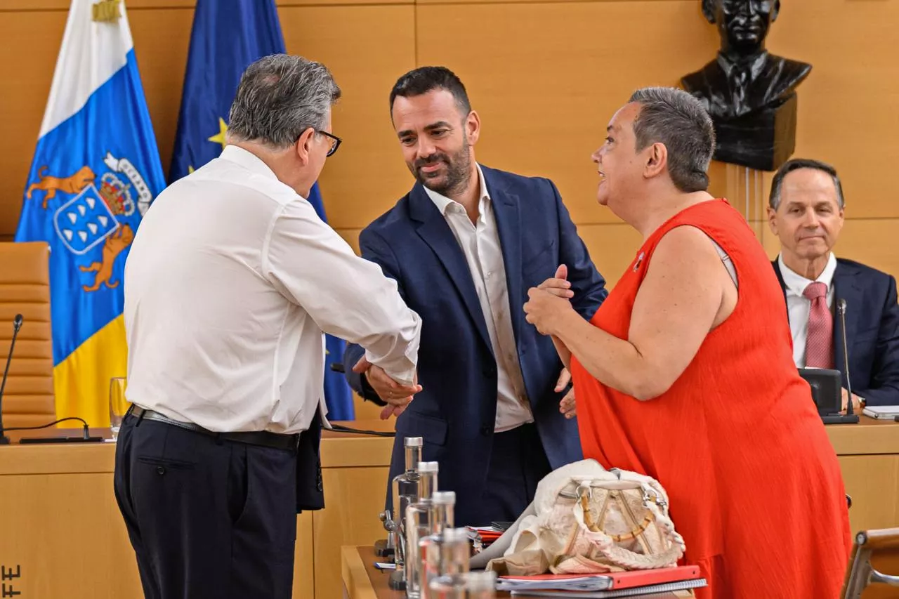 Los consejeros socialistas Aaron Afonso y Marián Franquet saludando al consejero de Cultura, José Carlos Acha. / CEDIDA
