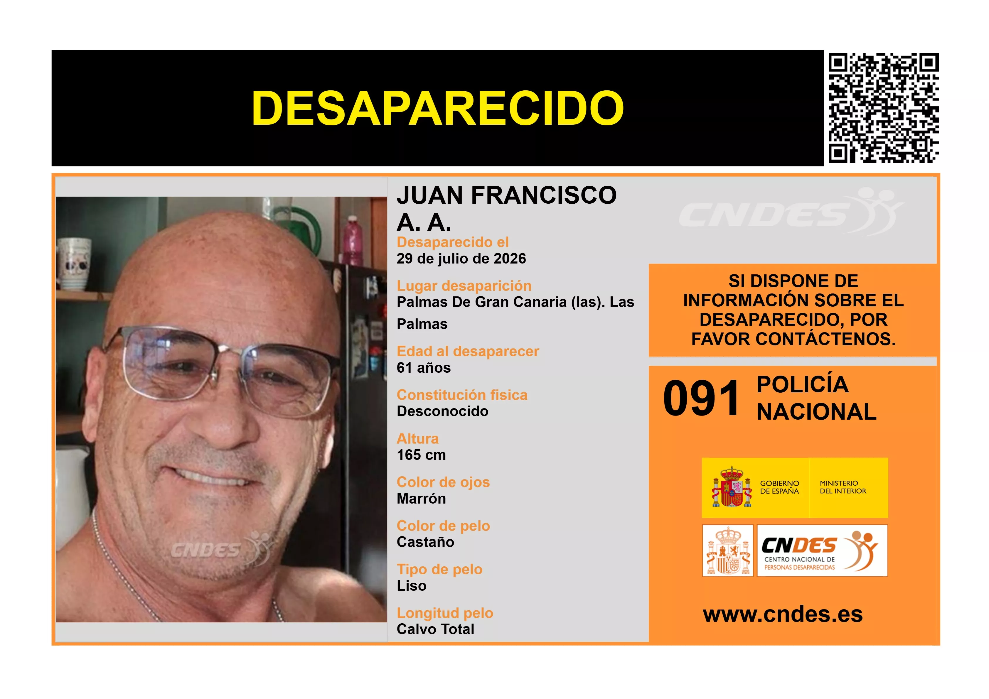 Buscan a un hombre de 61 años desaparecido en Las Palmas de Gran Canaria. POLICÍA NACIONAL