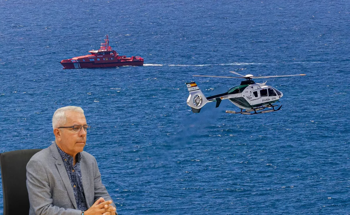Imagen de Sebastián Quintana, un helicóptero de la Guardía Civil y Salvamento Marítimo./ CANVA