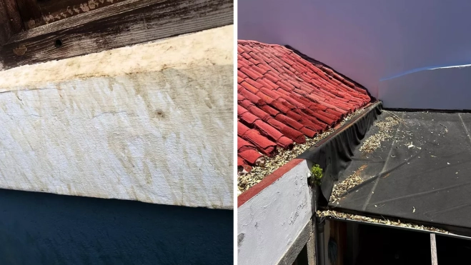 Fachada manchada y canaletas atascadas por las hojas / CEDIDA Fachada manchada y canaletas atascadas por las hojas / CEDIDA